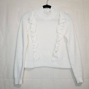525 America Ruffle front sweater ivory size S pullover mock neck short cotton
